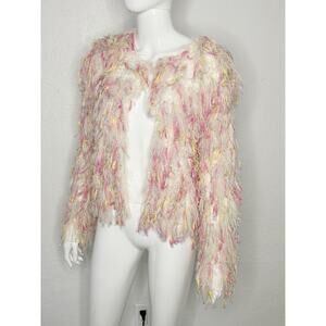 Fashion Nova XS Shaggy Fringe Jacket Pink Yellow White Textured Statement